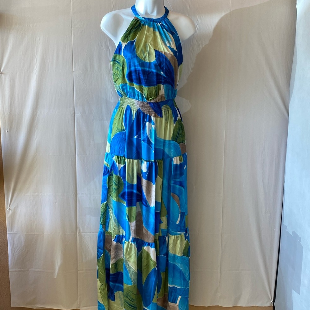 Nicole Miller NY Extra Small Blue and Green Print  Maxi Dress